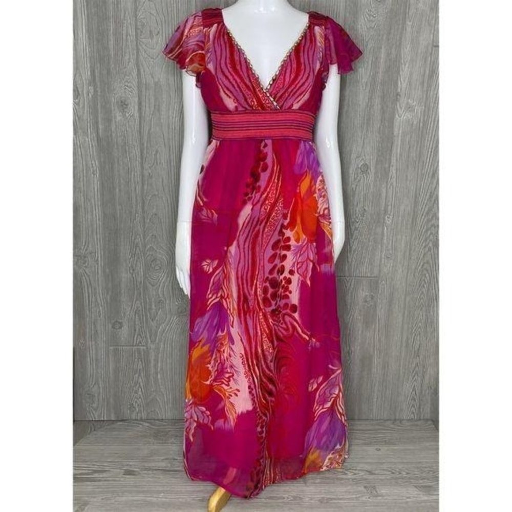 Jessica Taylor floral beaded low cut v neck maxi dress size med sundress beachy